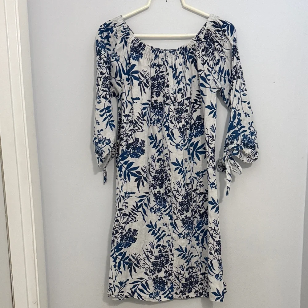 Off-Shoulder Linen Blue Floral Midi Dress with Tie Sleeves Summer Resortwear - Picture 6 of 8